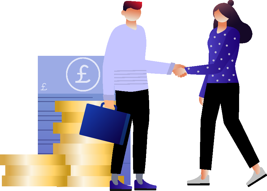 Man and woman shaking hand beside a pile of coins